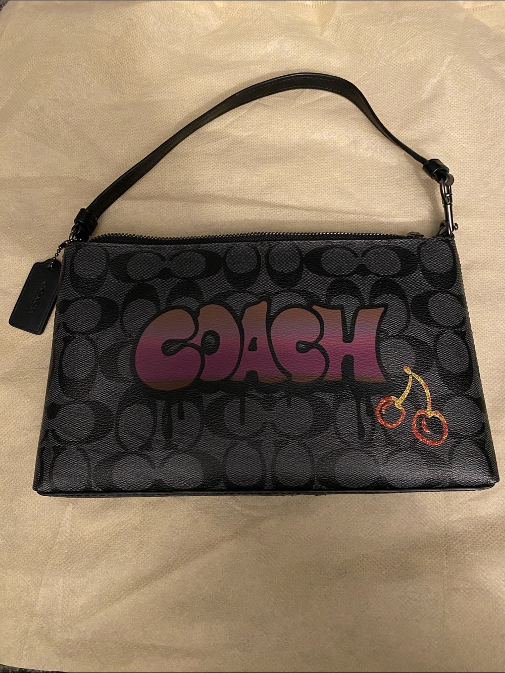 Coach Black Signature Wristlet with Purple Graffiti Logo and Red Cherry Accent